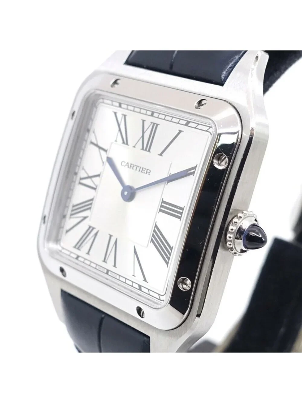 Cartier Santos Dumont LM Watch SS Silver Quartz Leather Box Card